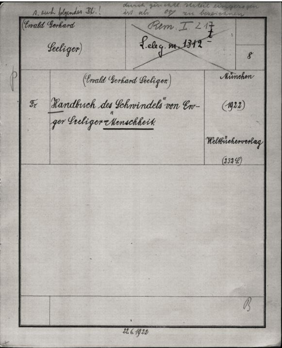 "Handbuch des Schwindels": Katalogkarte der Bayerischen Staatsbibliothek mit dem Indizierungsvermerk von 1922 (oben rechts)
